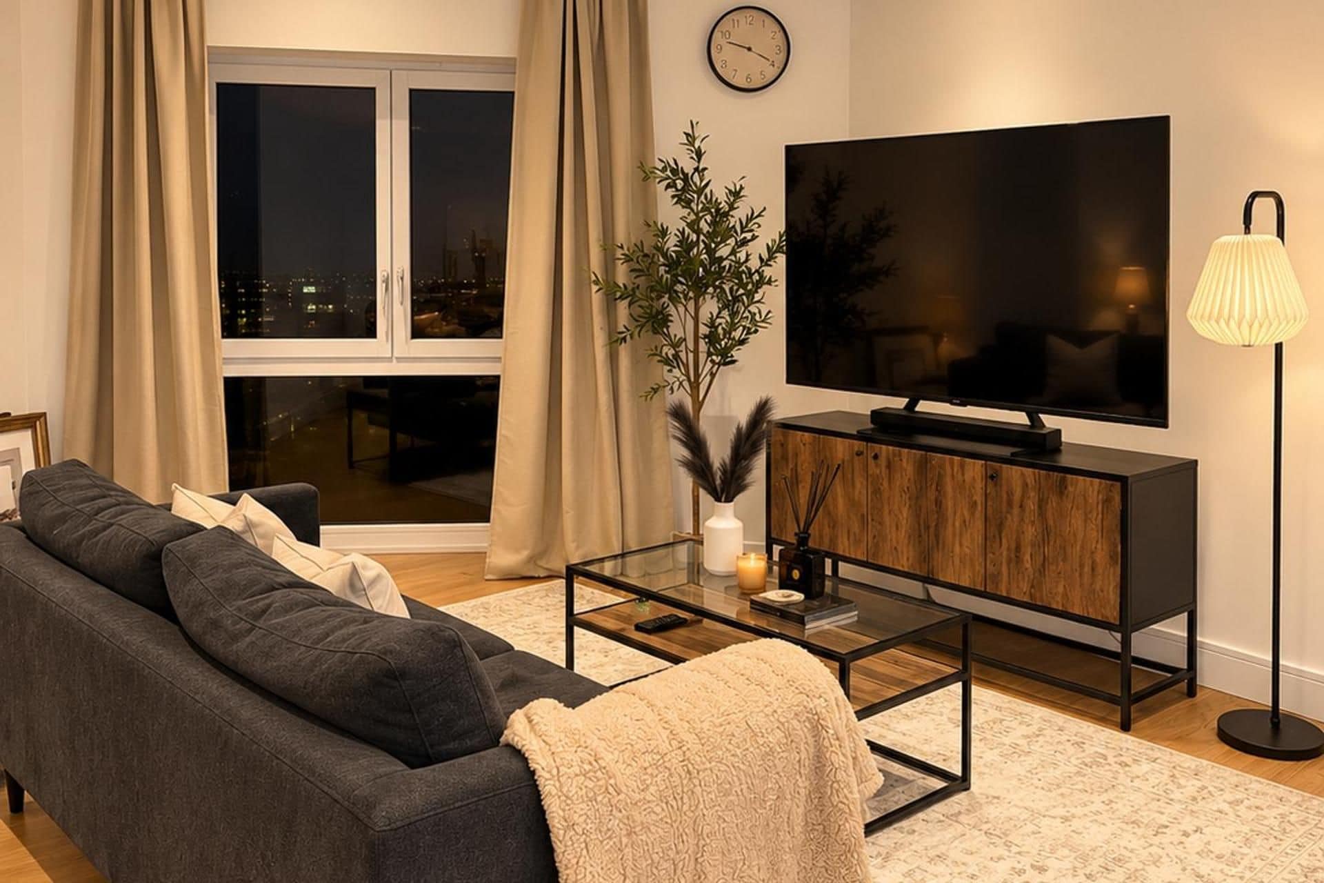 Uma sala de estar moderna com um sofá, uma mesa de centro, uma televisão e um abajur.