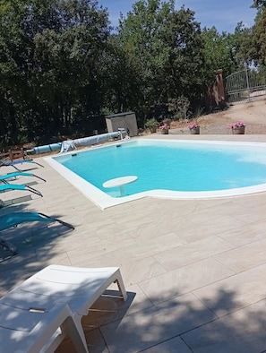 A swimming pool with lounge chairs and a small table, surrounded by trees and a fenced area.
