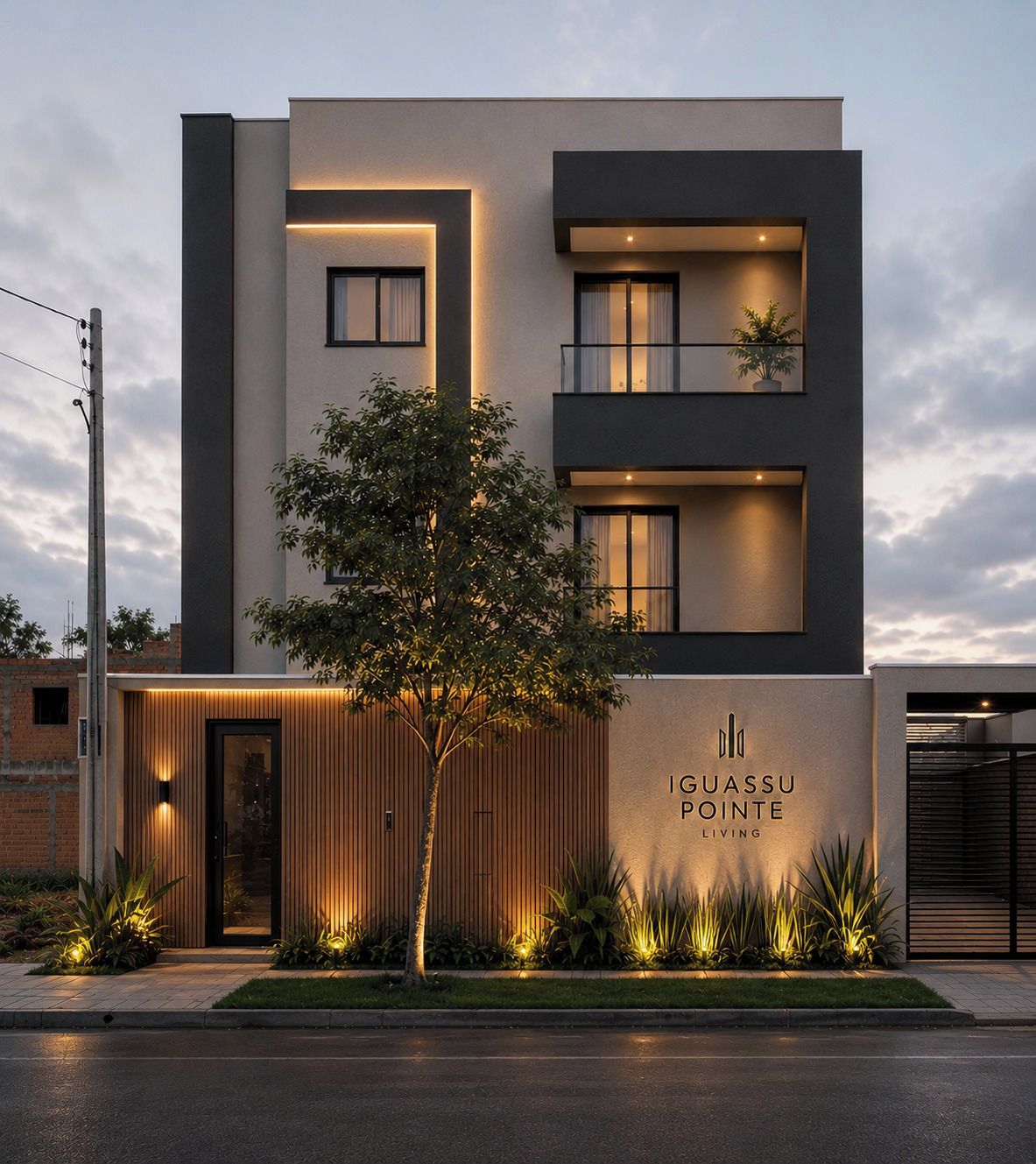 A modern building with a prominent entrance, a balcony, and a sign that reads 'IGUASSO PONTE LIVING'.