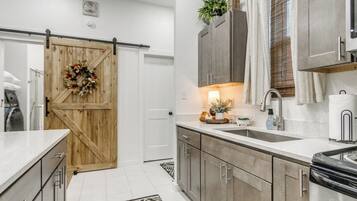 Cozinha moderna com porta de madeira rústica, pia, armários e bancada.