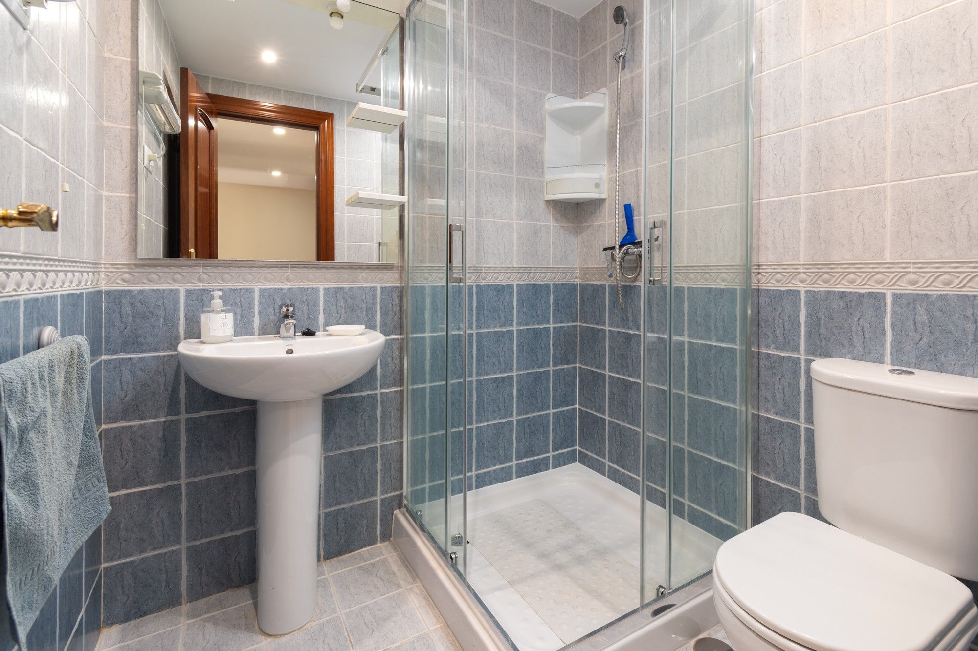 Une salle de bain avec un lavabo sur colonne, une cabine de douche en verre et des toilettes.