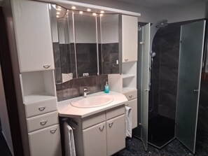 A modern bathroom with a vanity, mirror, and shower. - Forest House with Private Terrace (Sugenheim)