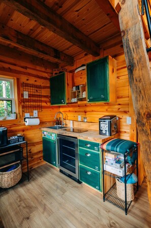 A compact kitchen with wooden walls, a sink, a coffee bar, and green cabinets. - Tunnelvision Tiny Cabin Red River Gorge, KY Hot Tub Wifi Pet Friendly Private (Stanton)