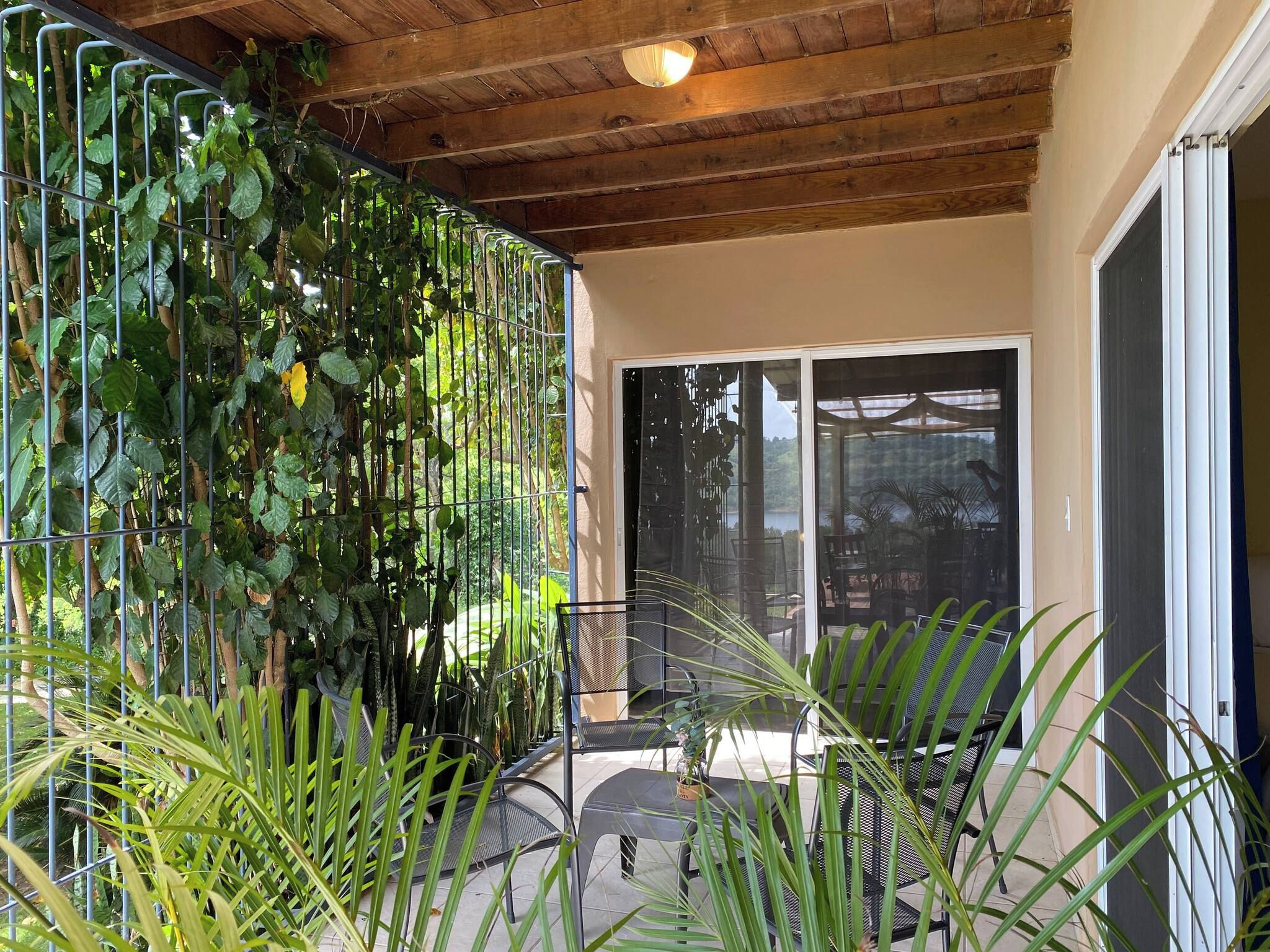 A covered outdoor area with a metal fence, a chair, and a table.