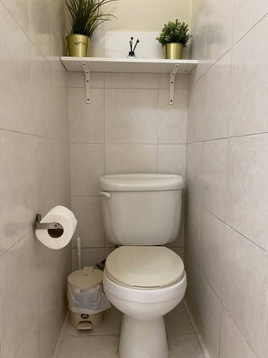 A small bathroom with a toilet, a toilet paper holder, a trash bin, and a shelf with two potted plants.
