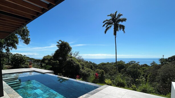 A swimming pool with clear blue water, surrounded by a stone deck, with a view of the ocean and palm trees. - Modern family friendly, ocean view house near Dominical - Wi-Fi, inifinity pool (Dominical)