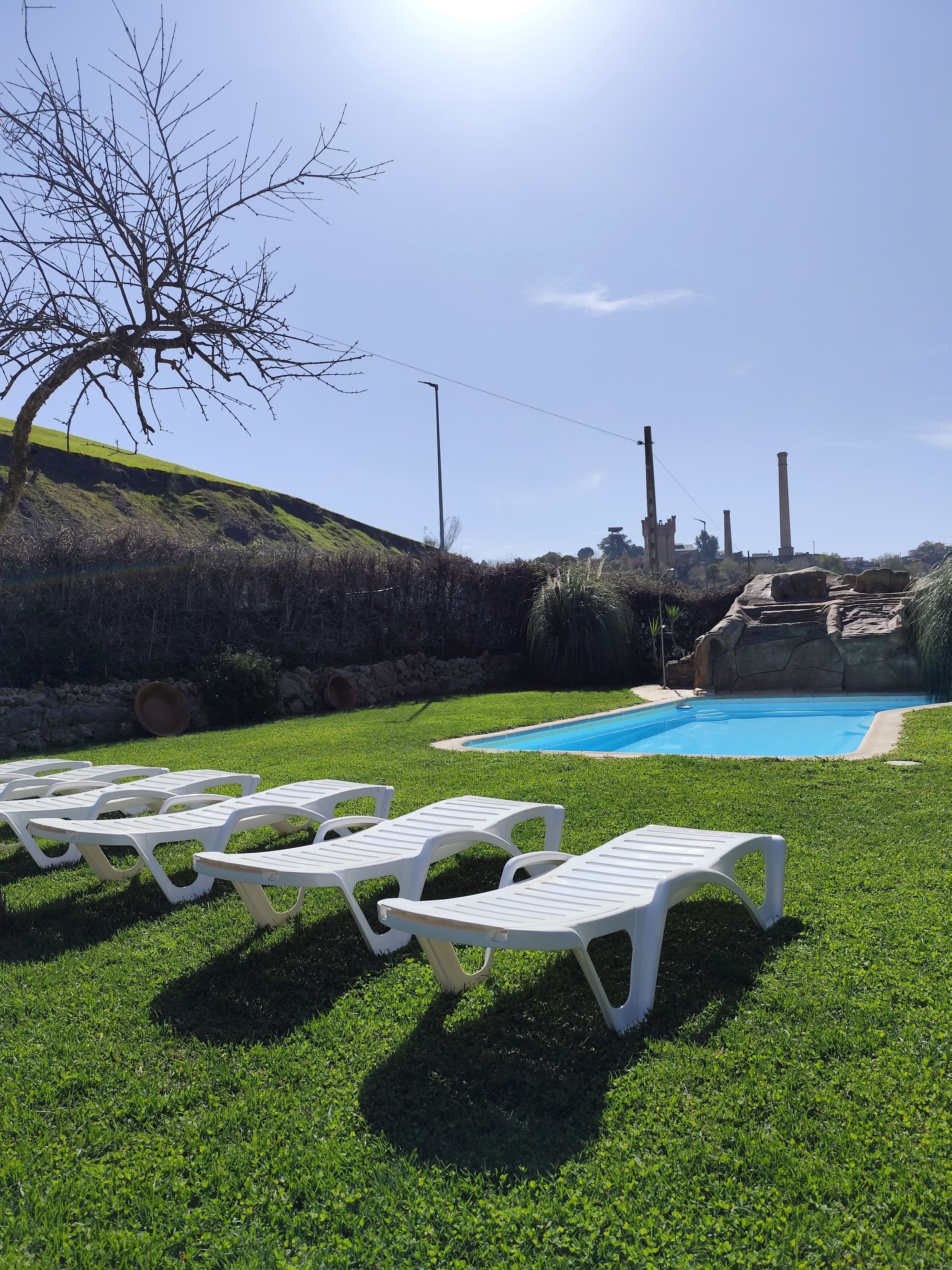Une piscine avec des chaises longues et une pelouse.