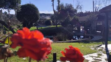 Un jardín con un camino, una hamaca y una vista de un pueblo al fondo.