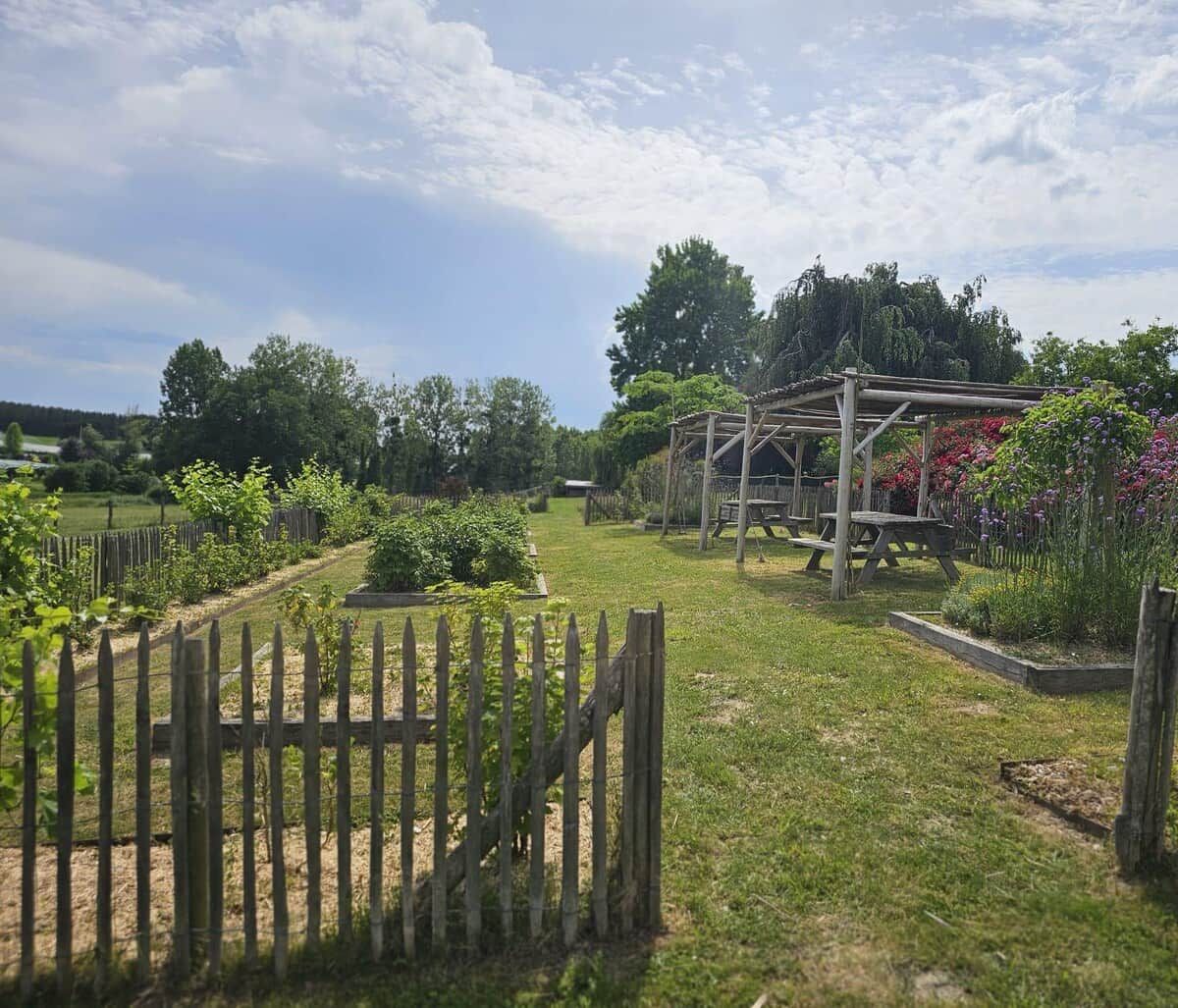 Un giardino con recinzione in legno, un pergolato di legno e diverse piante.