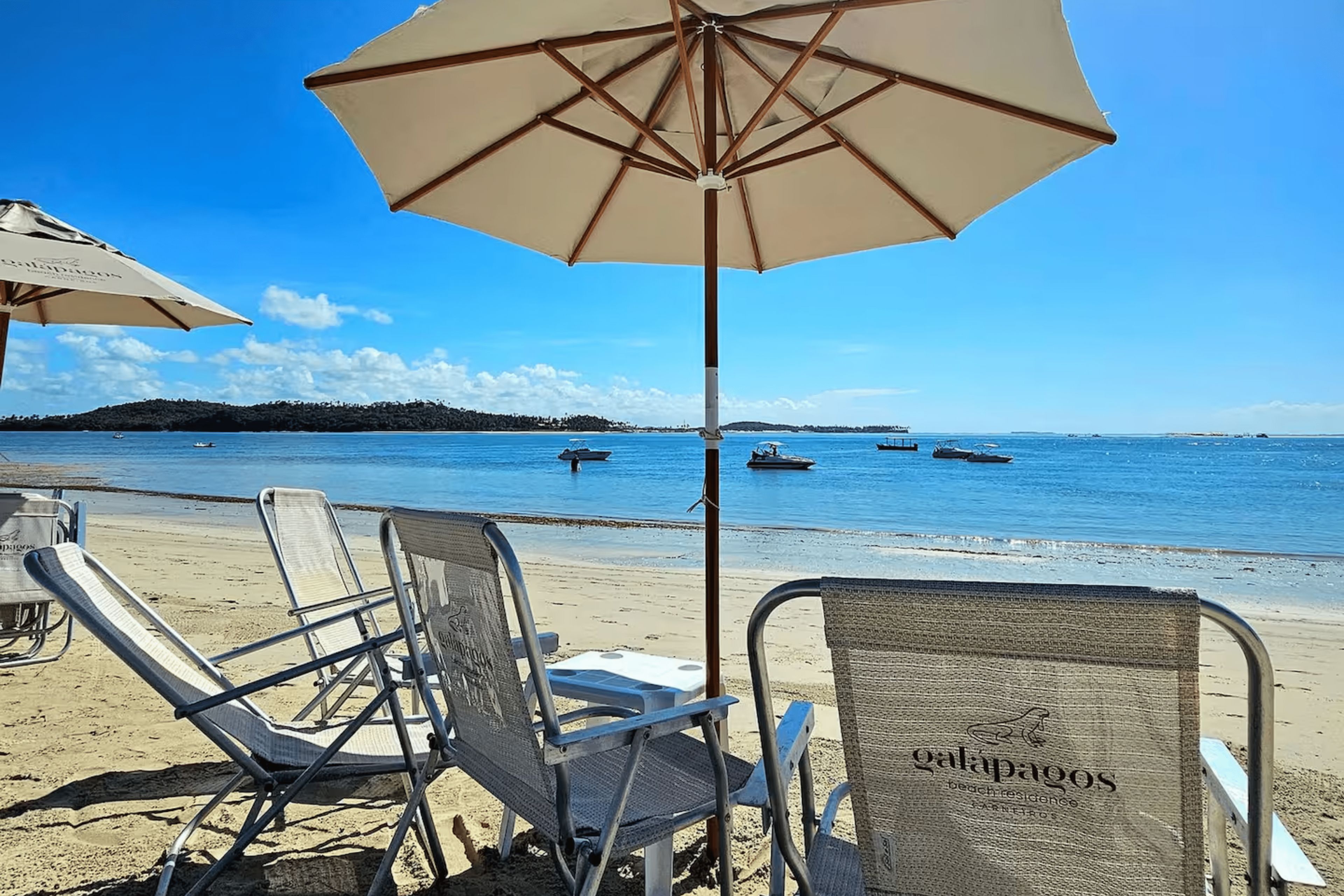 Beach chairs and umbrellas on a sandy beach with a clear view of the sea and boats in the distance.