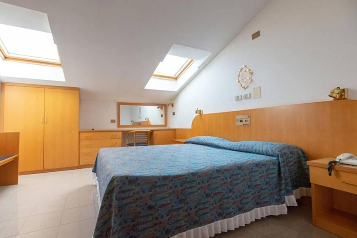 A bedroom with a bed, a desk, a wardrobe, a mirror, and skylights.