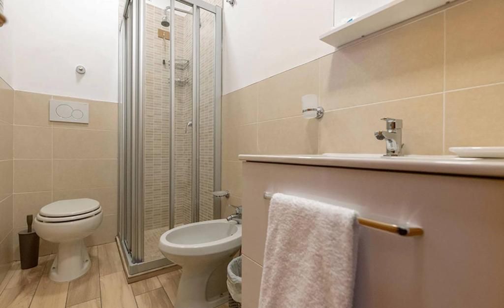 A bathroom with a toilet, bidet, and a glass-enclosed shower.