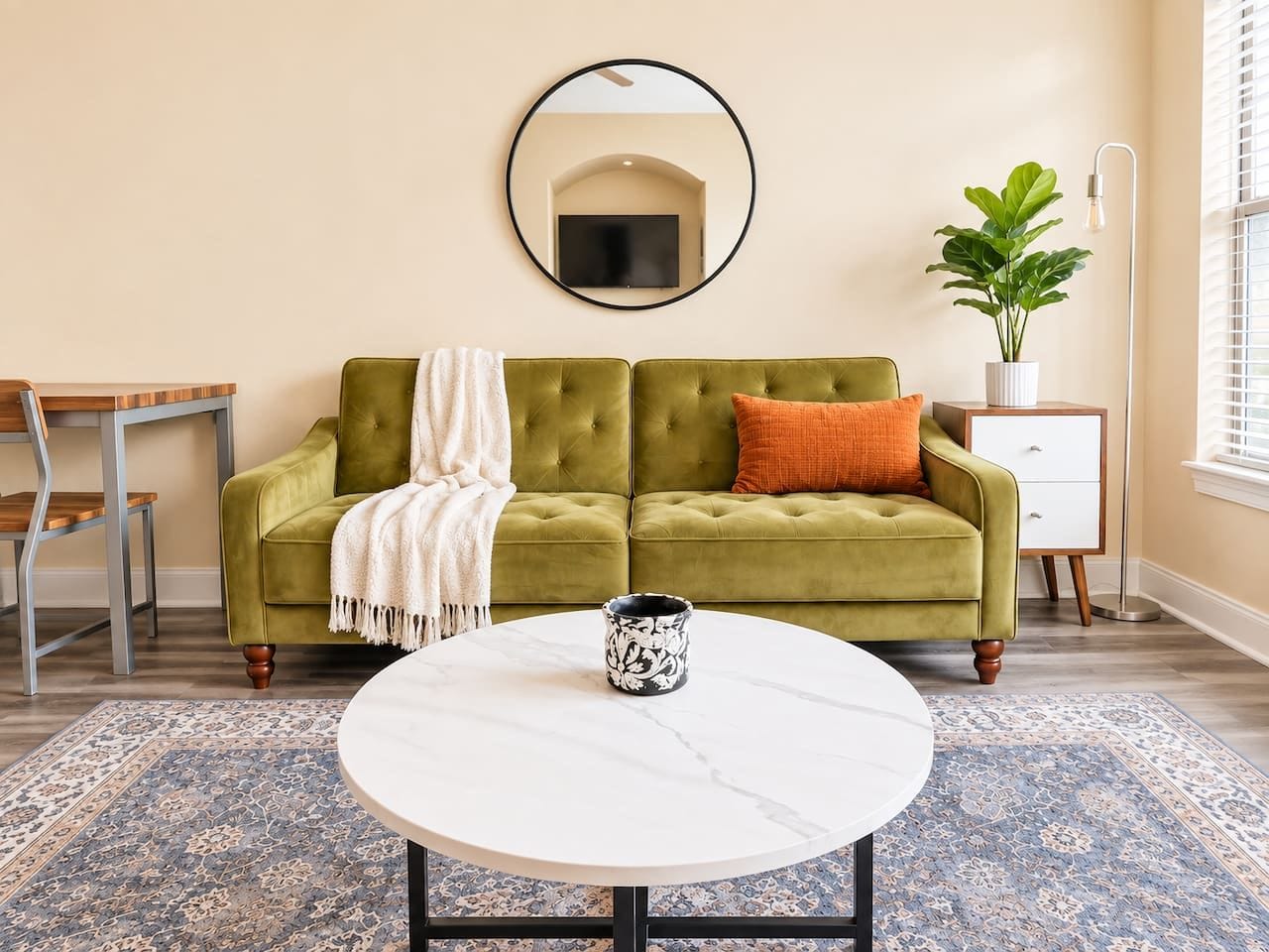 Un salon avec un canapé vert, une table basse ronde, un téléviseur fixé au mur, une plante en pot et un lampadaire.