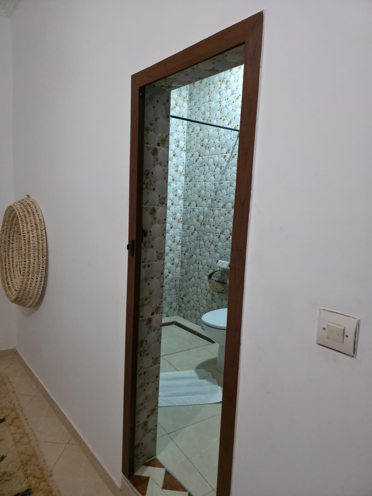 A narrow hallway with a mirror reflecting a bathroom with a toilet and a shower.