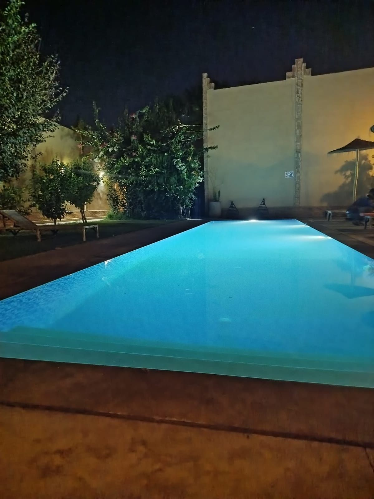 A swimming pool at night with surrounding trees and a building.