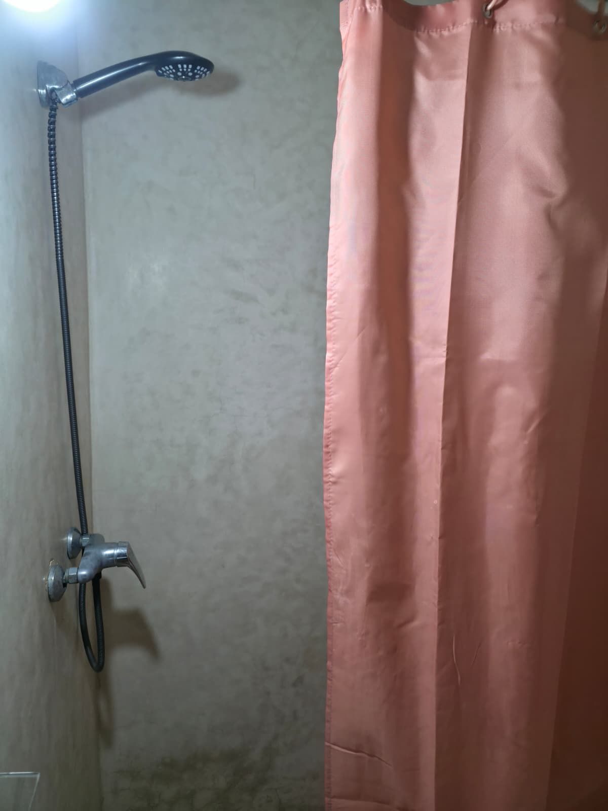 A shower area with a handheld showerhead and a wall-mounted faucet.