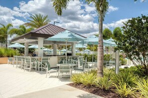 Un espace extérieur aménagé en terrasse, avec des sièges et des parasols, entouré de palmiers et de verdure.