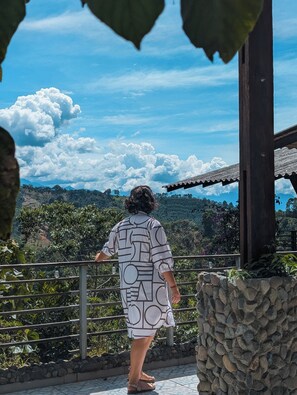 Una persona de pie en un balcón con vista a un paisaje montañoso y cielo despejado.