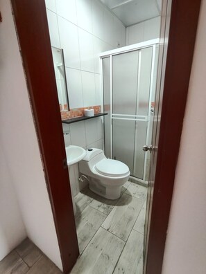 A bathroom with a toilet, sink, and a glass shower enclosure.