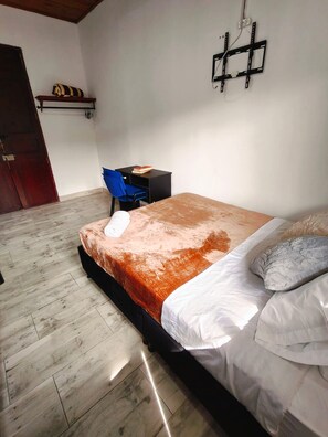 A bedroom with a bed, a desk, and a chair.