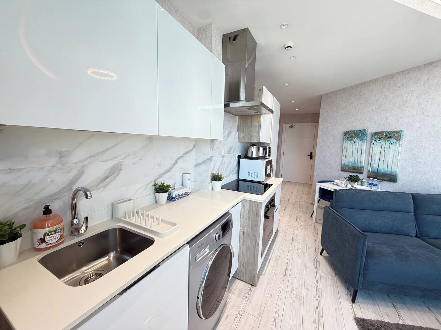 A modern kitchen with a built-in washing machine, a dining area with a sofa, and a living room with a painting on the wall.