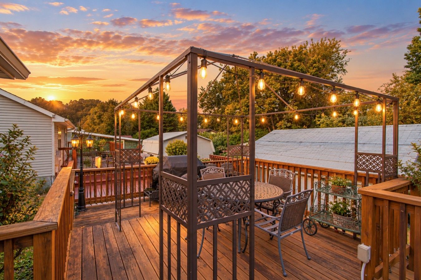 A wooden deck with outdoor furniture, string lights, and a pergola structure.