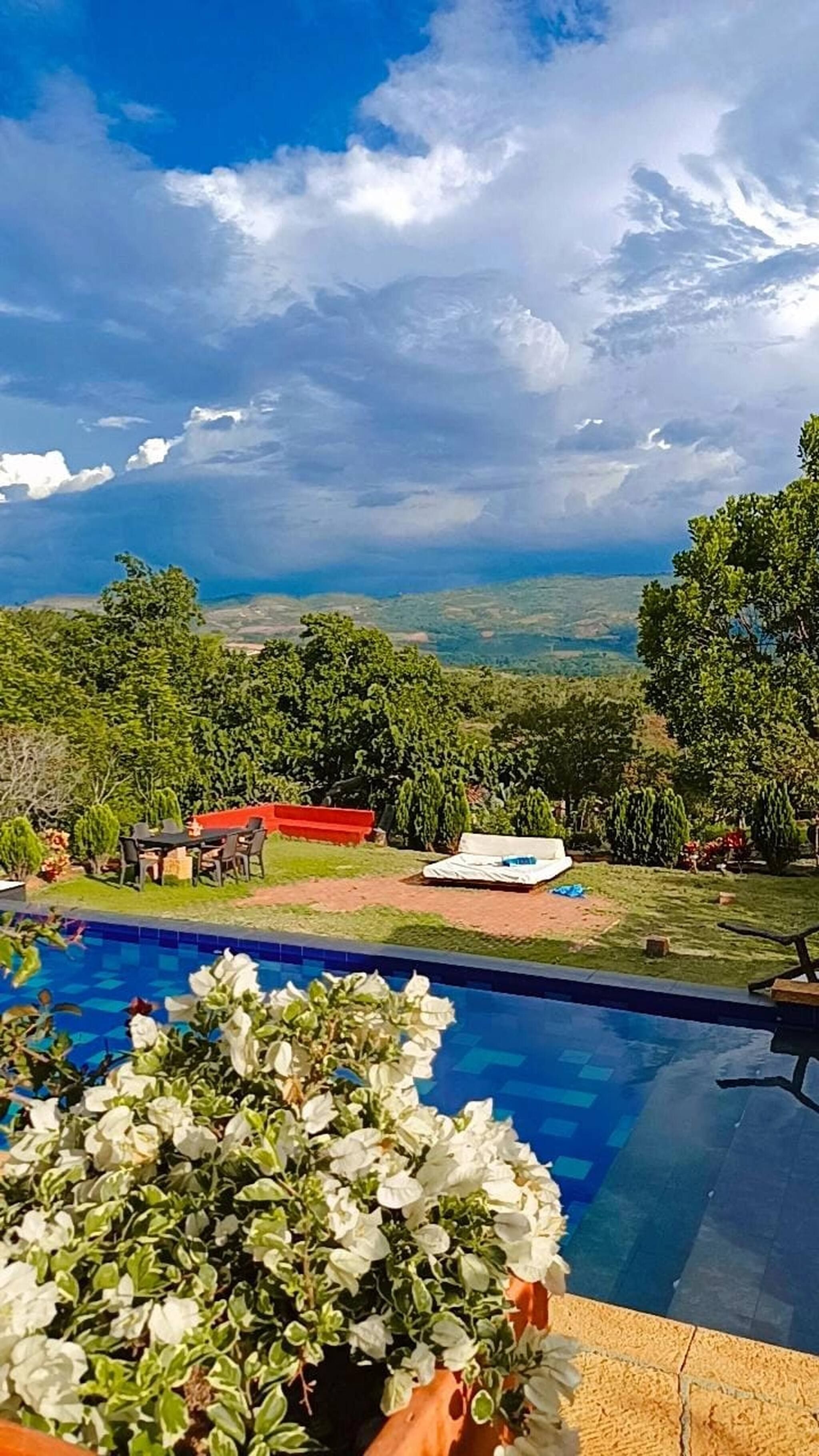 A swimming pool with a view of a red-roofed building and lush greenery in the background.