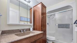 Une salle de bain avec un lavabo surmonté d’un plan de travail en granit, des toilettes blanches et une douche à l’italienne.