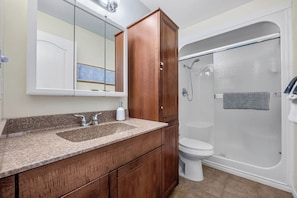 Een badkamer met een wastafel met granieten blad, een wit toilet en een inloopdouche.