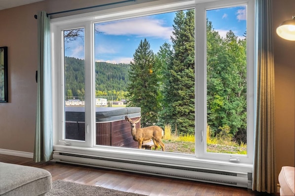 A room with a large sliding glass door leading to a deck, a hot tub, and a deer outside.