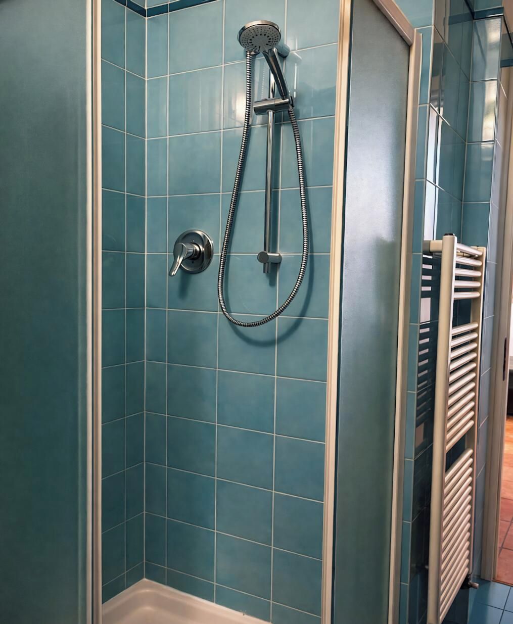 A shower with a handheld showerhead and a wall-mounted faucet.