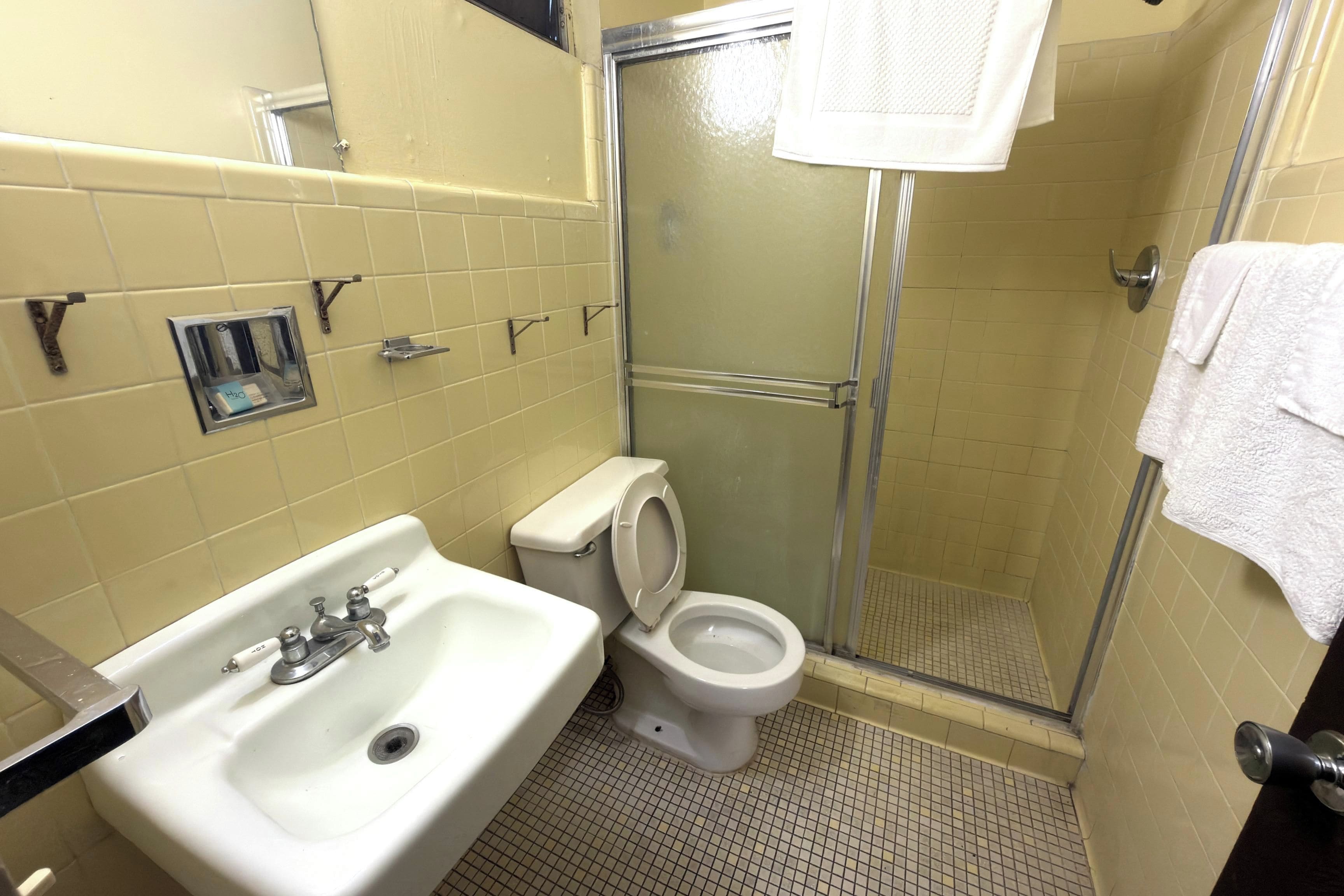 Un baño con lavamanos, inodoro y ducha.