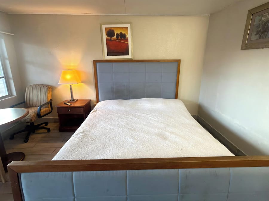 A single bed with a wooden headboard, a bedside table with a lamp, a chair, and a window with a view of the outdoors.