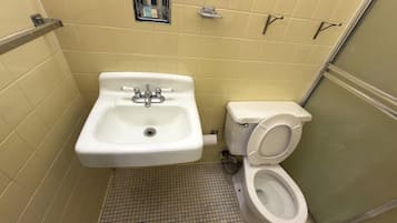 A small bathroom with a sink, toilet, and a shower stall.