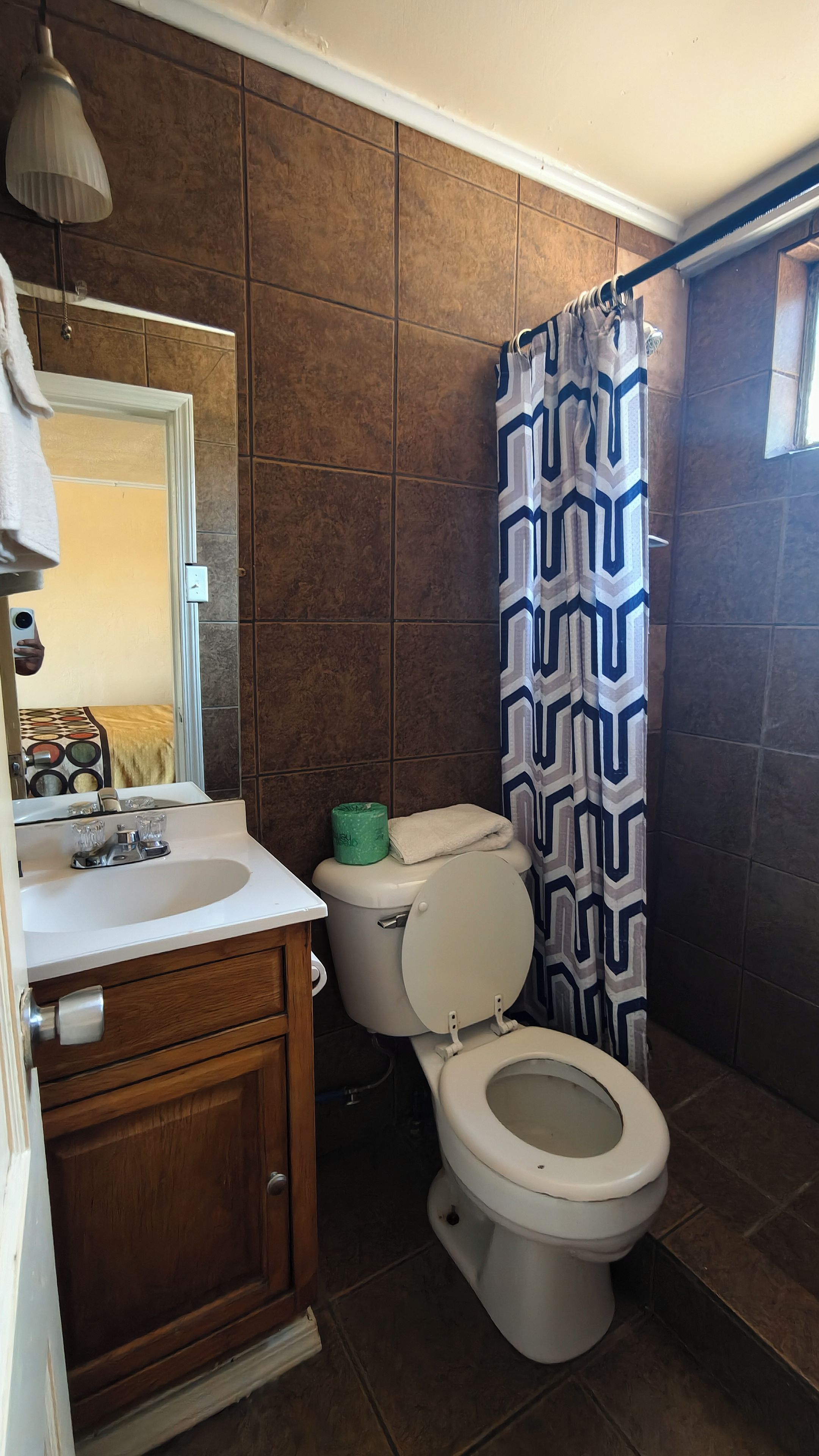 Un baño con inodoro, lavabo y cortina de ducha.