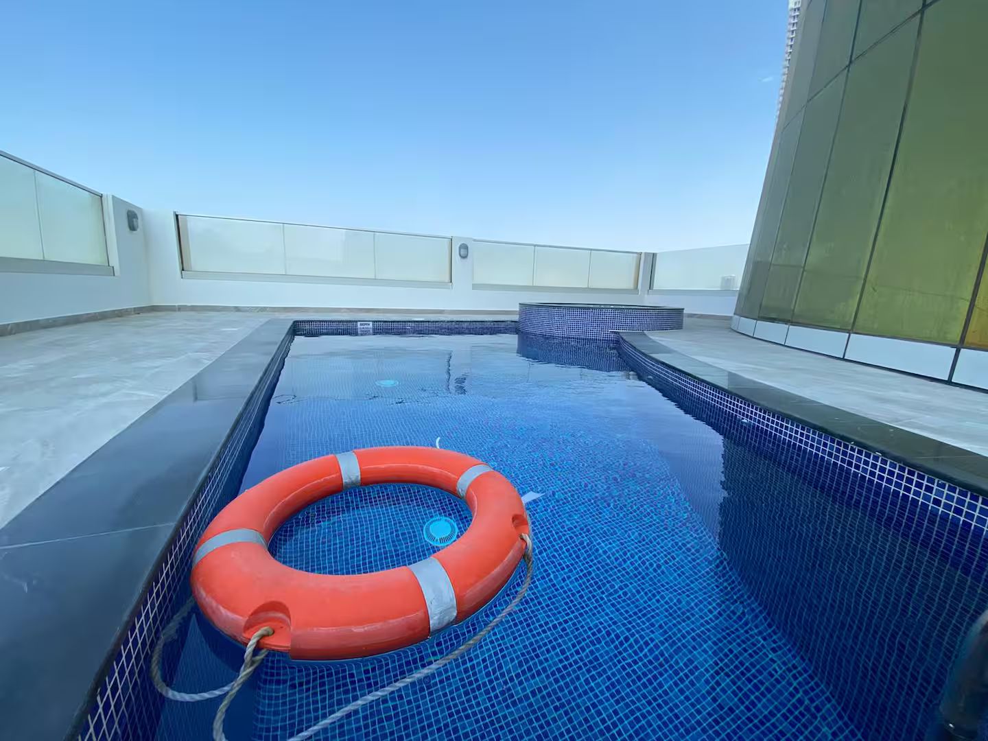 A rooftop swimming pool with a lifebuoy.