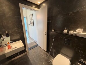 Et stilfuldt badeværelse med toilet, vask med spejl og bruseområde.