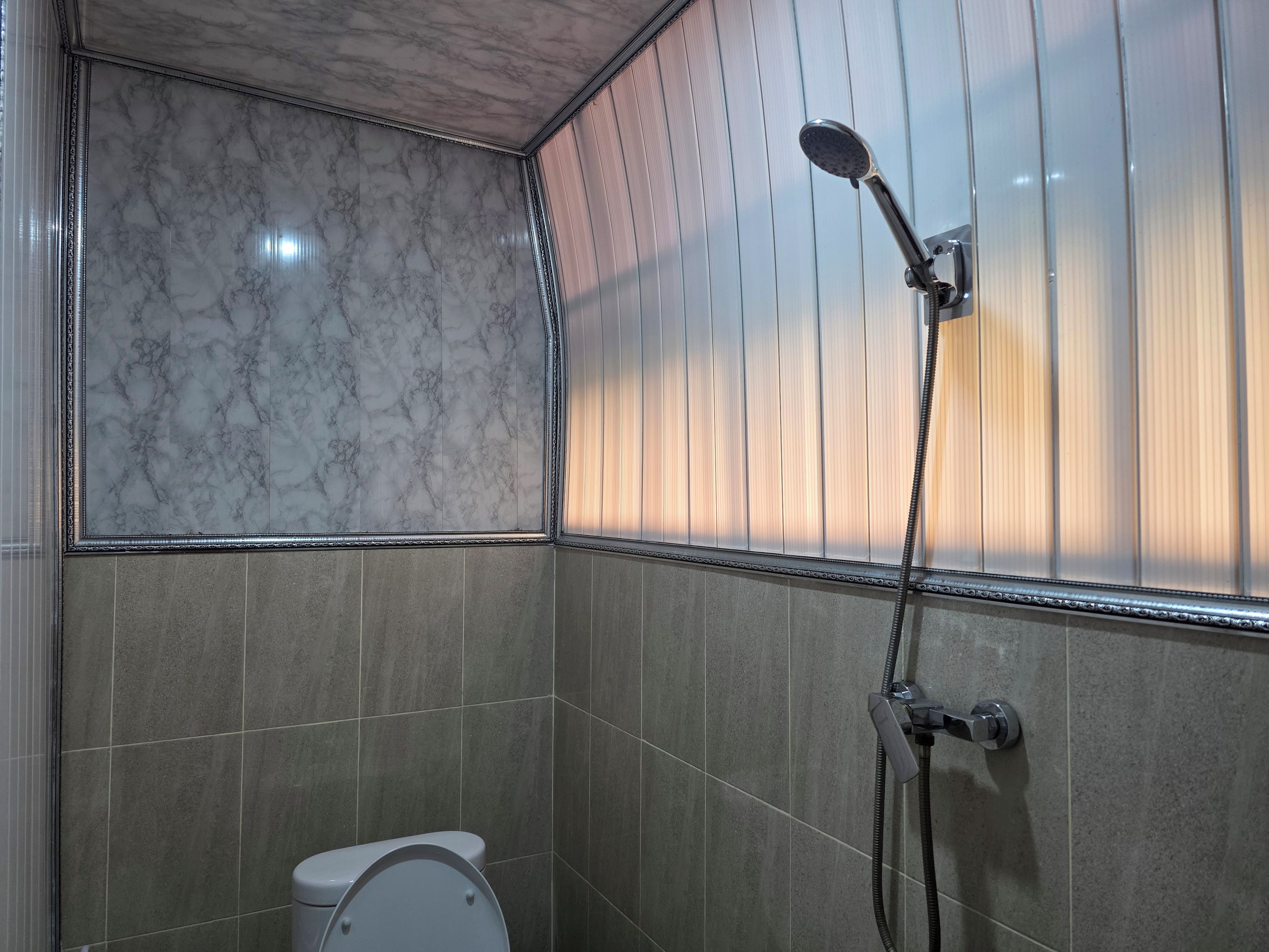 Baño con ducha, inodoro y paredes con azulejos.