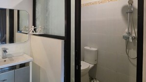 Un baño con ducha, inodoro, lavabo y espejo.