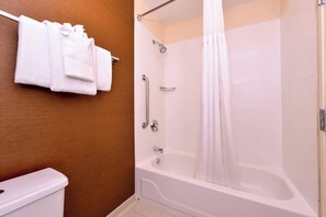 Un baño con bañera, inodoro y zona de ducha.