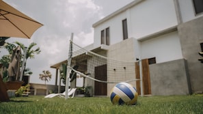 A volleyball on a grassy area with a net, a house in the background, and a palm tree.