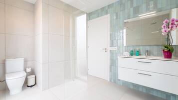 A modern bathroom with a toilet, a bidet, a shower, and a vanity with a mirror.