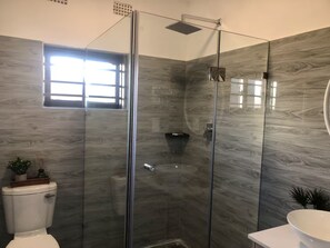 A modern bathroom with a glass-enclosed shower, a toilet, and a sink. - Plush 1Bed Apt PHI Great East Rd (Lusaka)