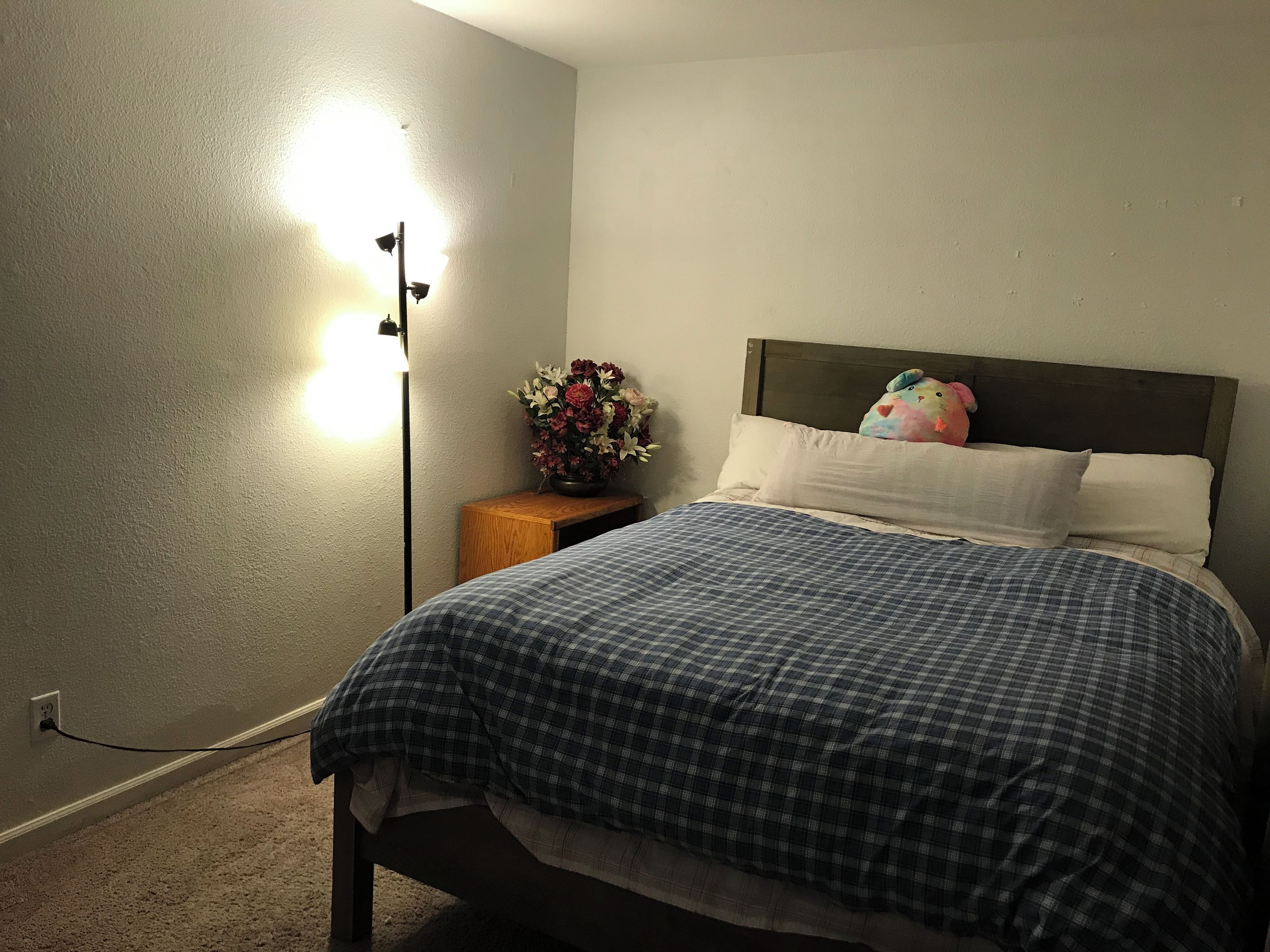 Une chambre à coucher avec un lit, une table de chevet avec une lampe et un luminaire fixé au mur.