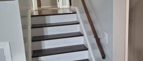 A staircase with dark wooden steps and a white handrail, leading to an interior space.