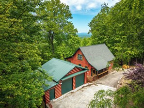 A cabin with a green roof, surrounded by dense forest. - Hanging Out in the Clouds (Blue Ridge)