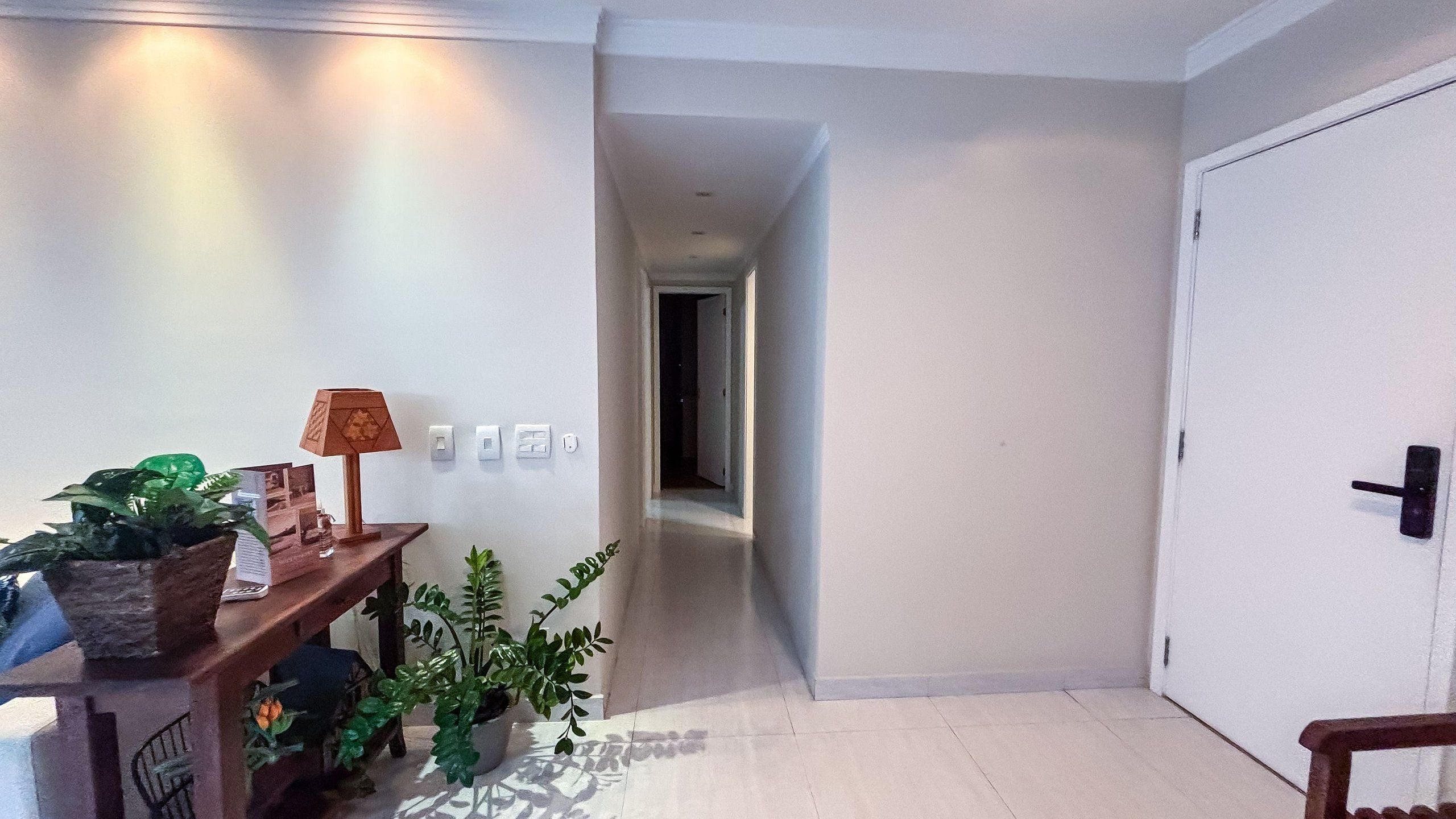 Um corredor com uma escrivaninha de madeira, uma luminária e plantas em vasos. Há interruptores de luz na parede e uma porta no final.