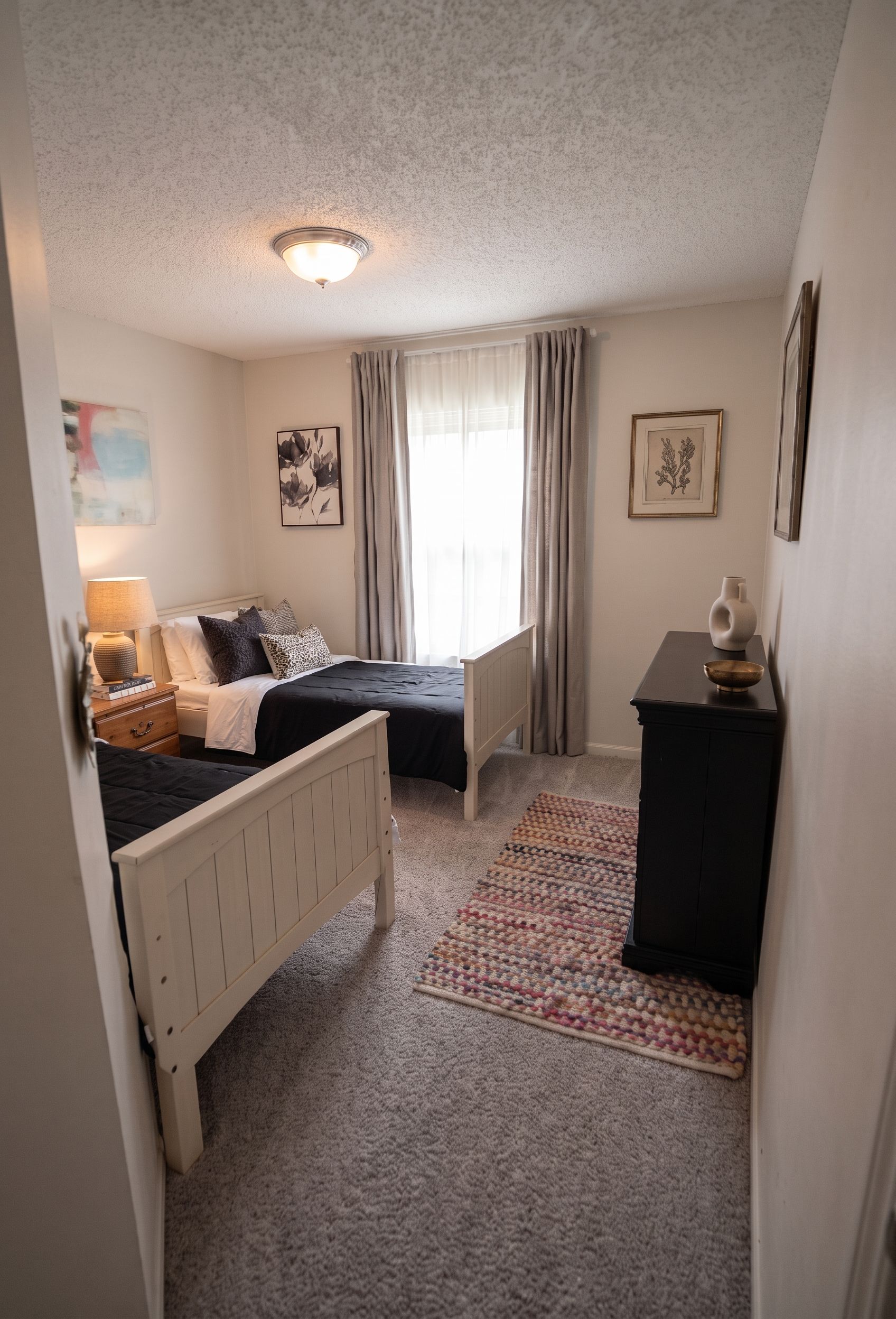 A bedroom with a single bed, a bedside table, a desk, and a chair. There is a window with curtains, a wall-mounted light fixture, and framed artwork.