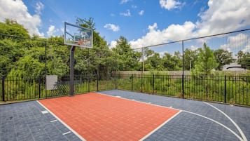 Een buitenbasketbalveld met een net, omgeven door een hek en bomen.