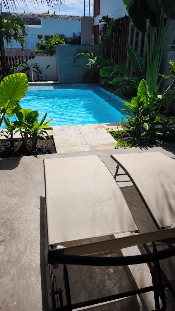 A swimming pool with lounge chairs and tropical plants.